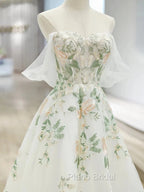 A-Line Off Shoulder Tulle Lace Applique White Long Formal Prom Dresses, White Long Formal Dresses