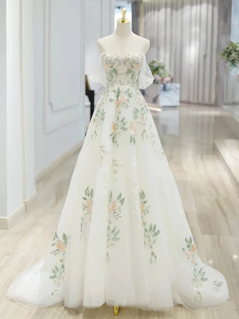 A-Line Off Shoulder Tulle Lace Applique White Long Prom Dress, White Long Formal Dress Main image