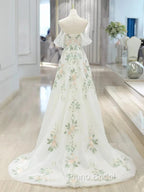 A-Line Off Shoulder Tulle Lace Applique White Long Formal Prom Dresses, White Long Formal Dresses