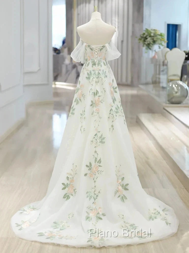 A-Line Off Shoulder Tulle Lace Applique White Long Formal Prom Dresses, White Long Formal Dresses