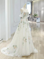 A-Line Off Shoulder Tulle Lace Applique White Long Formal Prom Dresses, White Long Formal Dresses