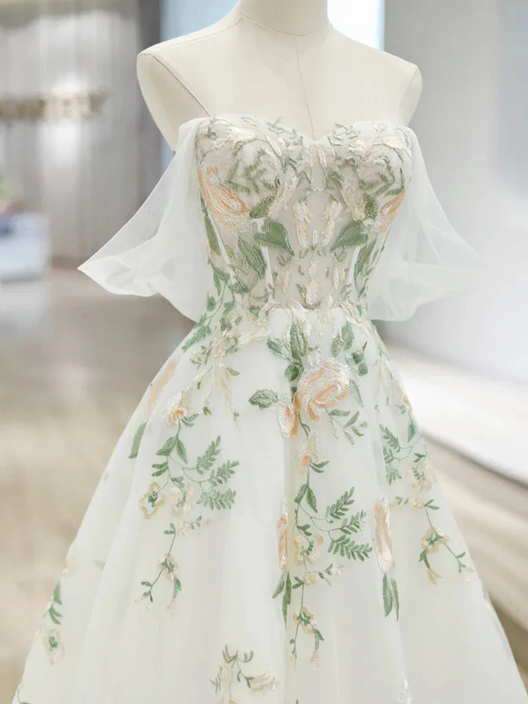 A-Line Off Shoulder Tulle Lace Applique White Long Prom Dress, White Long Formal Dress Secondary image