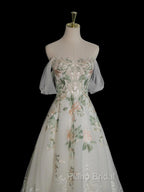A-Line Off Shoulder Tulle Lace Applique White Long Formal Prom Dresses, White Long Formal Dresses
