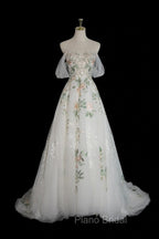 A-Line Off Shoulder Tulle Lace Applique White Long Formal Prom Dresses, White Long Formal Dresses