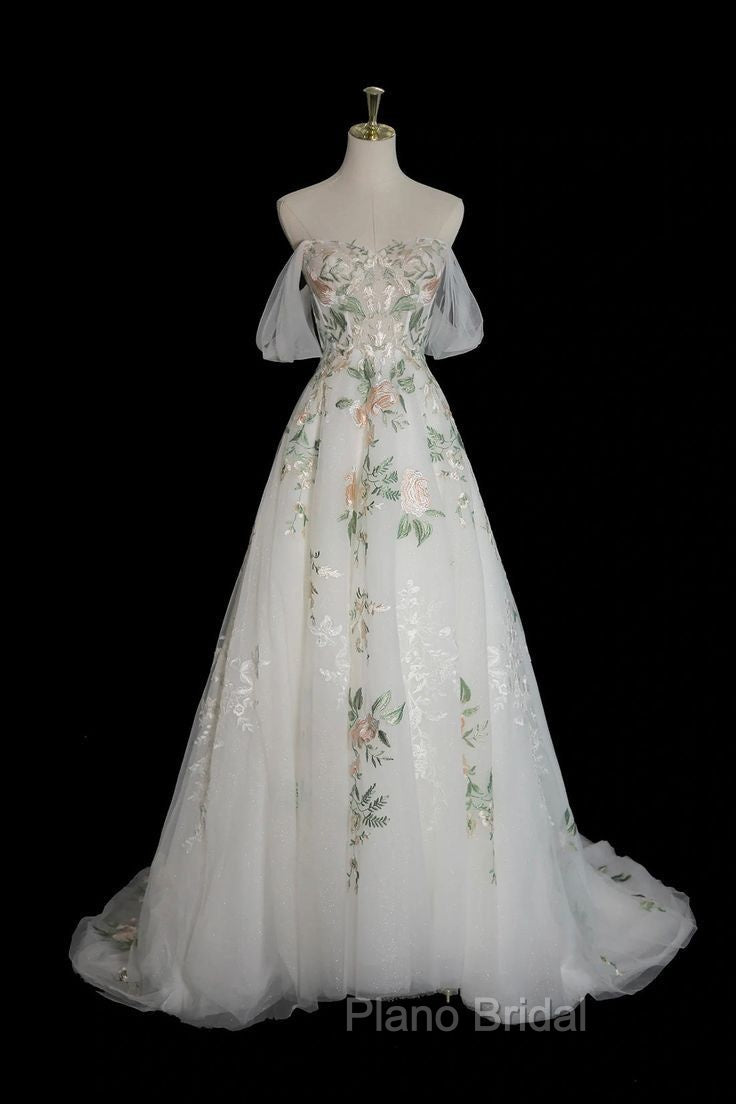 A-Line Off Shoulder Tulle Lace Applique White Long Formal Prom Dresses, White Long Formal Dresses