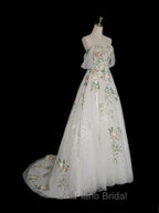 A-Line Off Shoulder Tulle Lace Applique White Long Formal Prom Dresses, White Long Formal Dresses