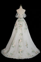 A-Line Off Shoulder Tulle Lace Applique White Long Formal Prom Dresses, White Long Formal Dresses