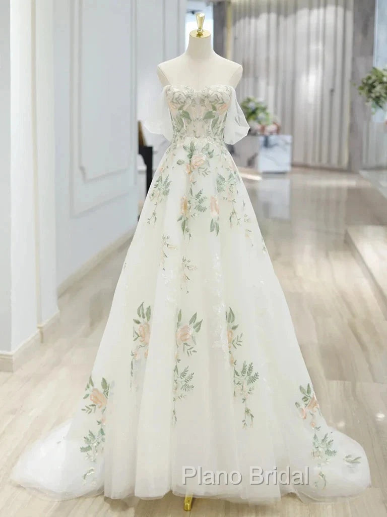 A-Line Off Shoulder Tulle Lace Applique White Long Formal Prom Dresses, White Long Formal Dresses