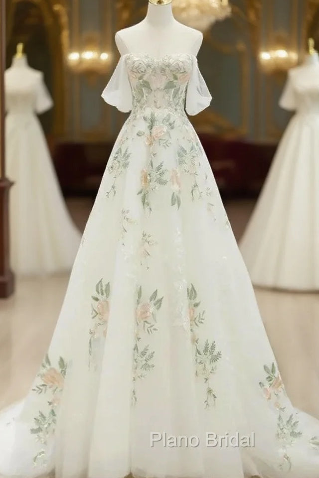 A-Line Off Shoulder Tulle Lace Applique White Long Formal Prom Dresses, White Long Formal Dresses Main image