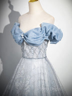 A-Line Off Shoulder Tulle Lace Beads Blue Long Formal Prom Dresses, Blue Long Formal Dresses