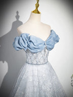A-Line Off Shoulder Tulle Lace Beads Blue Long Formal Prom Dresses, Blue Long Formal Dresses