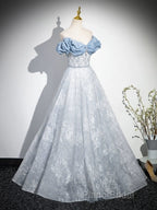 A-Line Off Shoulder Tulle Lace Beads Blue Long Formal Prom Dresses, Blue Long Formal Dresses
