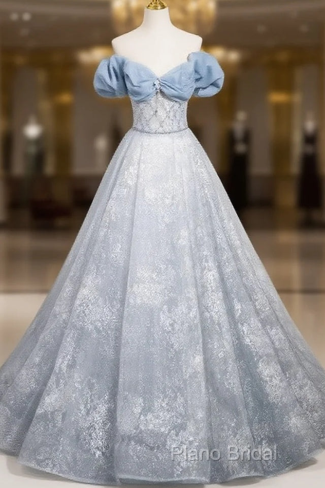 A-Line Off Shoulder Tulle Lace Beads Blue Long Formal Prom Dresses, Blue Long Formal Dresses Main image
