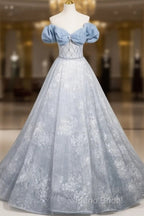 A-Line Off Shoulder Tulle Lace Beads Blue Long Formal Prom Dresses, Blue Long Formal Dresses