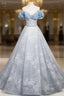 A-Line Off Shoulder Tulle Lace Beads Blue Long Formal Prom Dresses, Blue Long Formal Dresses