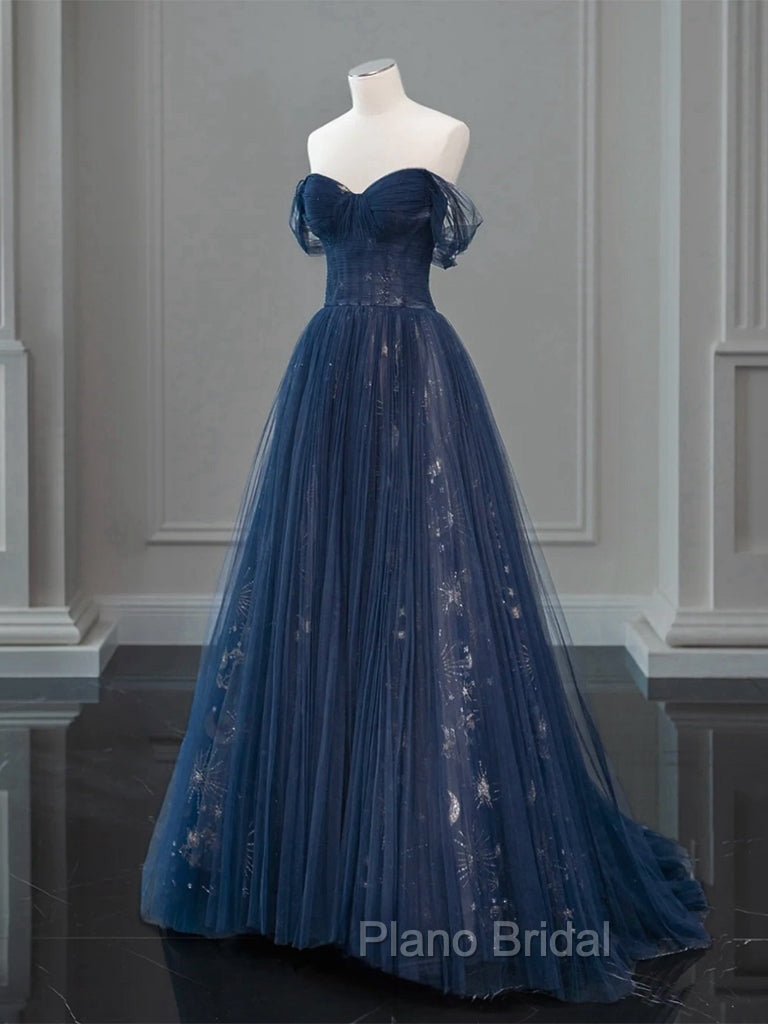 A-Line Off Shoulder Tulle Lace Dark Blue Long Formal Prom Dresses