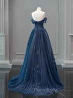 A-Line Off Shoulder Tulle Lace Dark Blue Long Formal Prom Dresses