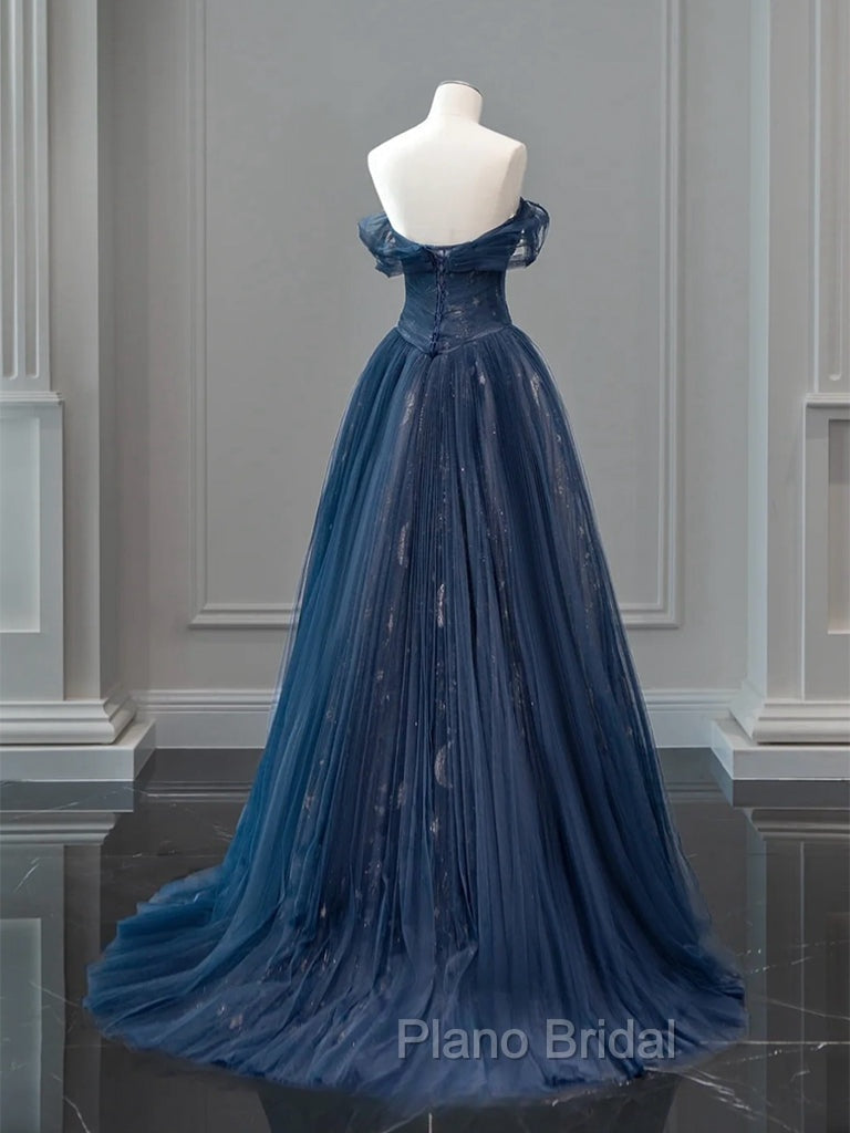 A-Line Off Shoulder Tulle Lace Dark Blue Long Formal Prom Dresses