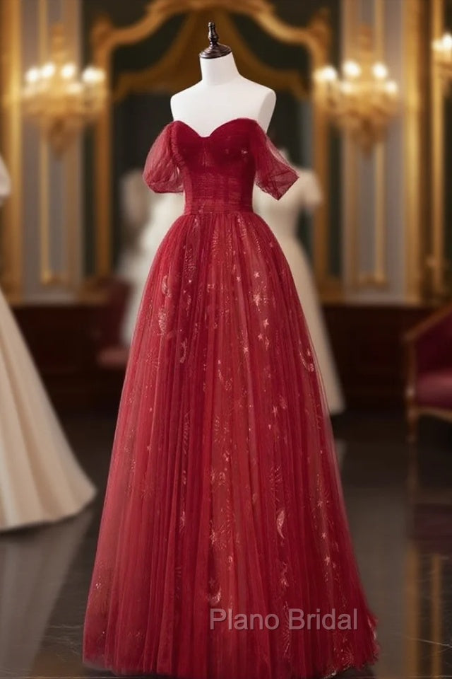 A-Line Off Shoulder Tulle Lace Dark Red Long Formal Prom Dresses Main image