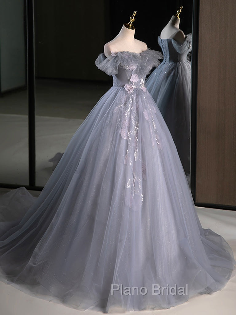 A-Line Off Shoulder Tulle Lace Gray Blue Long Formal Prom Dresses, Gray Blue Long Formal Dresses Secondary image