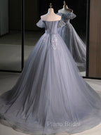 A-Line Off Shoulder Tulle Lace Gray Blue Long Formal Prom Dresses, Gray Blue Long Formal Dresses