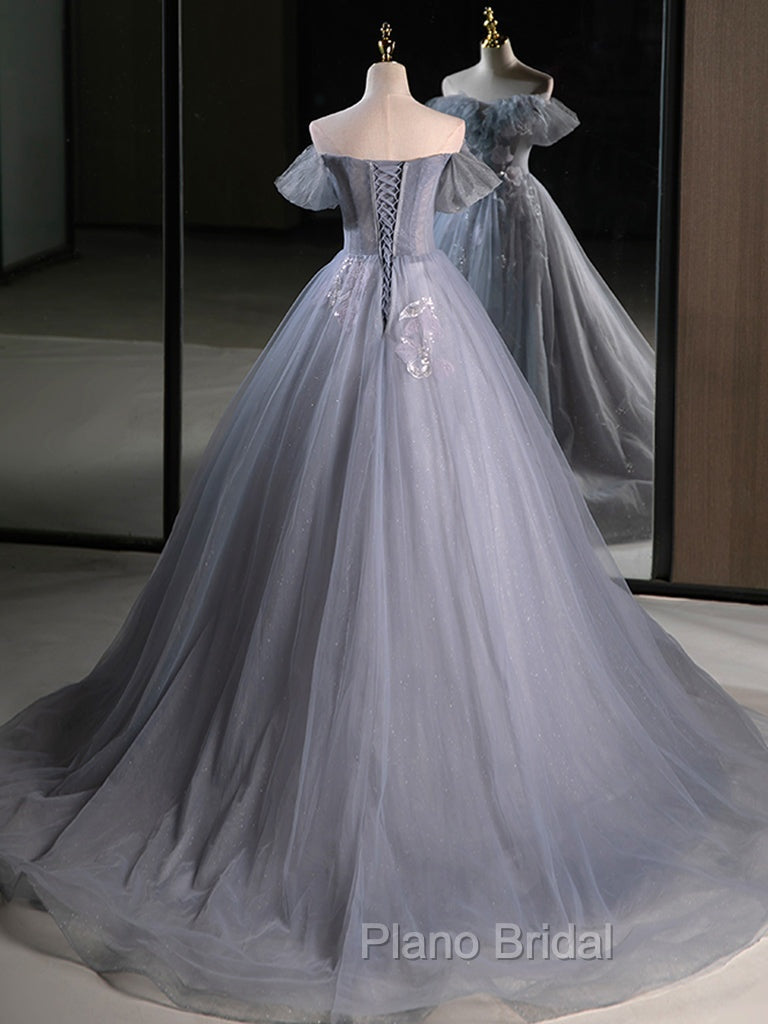 A-Line Off Shoulder Tulle Lace Gray Blue Long Formal Prom Dresses, Gray Blue Long Formal Dresses