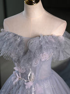 A-Line Off Shoulder Tulle Lace Gray Blue Long Formal Prom Dresses, Gray Blue Long Formal Dresses