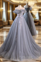 A-Line Off Shoulder Tulle Lace Gray Blue Long Formal Prom Dresses, Gray Blue Long Formal Dresses