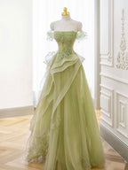 A-Line Off Shoulder Tulle Lace Green Long Formal Prom Dresses, Green Lace Long Formal Dresses