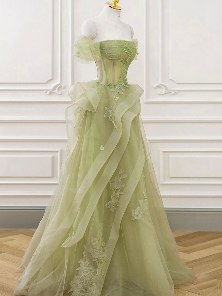 A-Line Off Shoulder Tulle Lace Green Long Formal Prom Dresses, Green Lace Long Formal Dresses