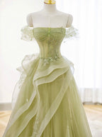 A-Line Off Shoulder Tulle Lace Green Long Formal Prom Dresses, Green Lace Long Formal Dresses