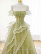 A-Line Off Shoulder Tulle Lace Green Long Formal Prom Dresses, Green Long Graduation Dresses