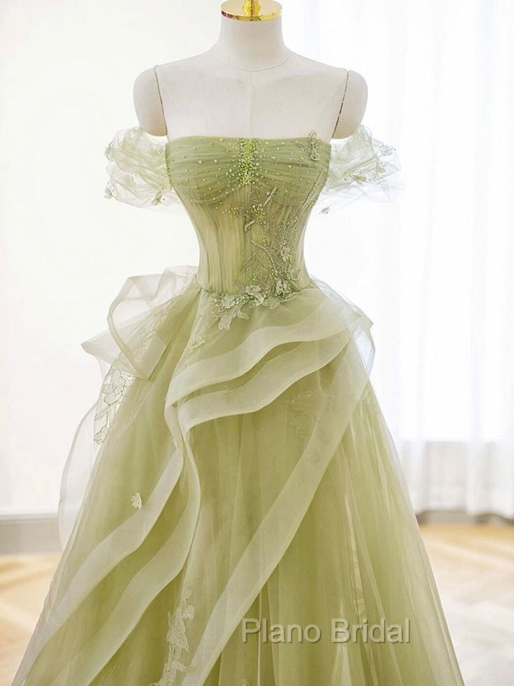 A-Line Off Shoulder Tulle Lace Green Long Formal Prom Dresses, Green Long Graduation Dresses Secondary image