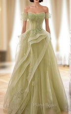 A-Line Off Shoulder Tulle Lace Green Long Formal Prom Dresses, Green Long Graduation Dresses