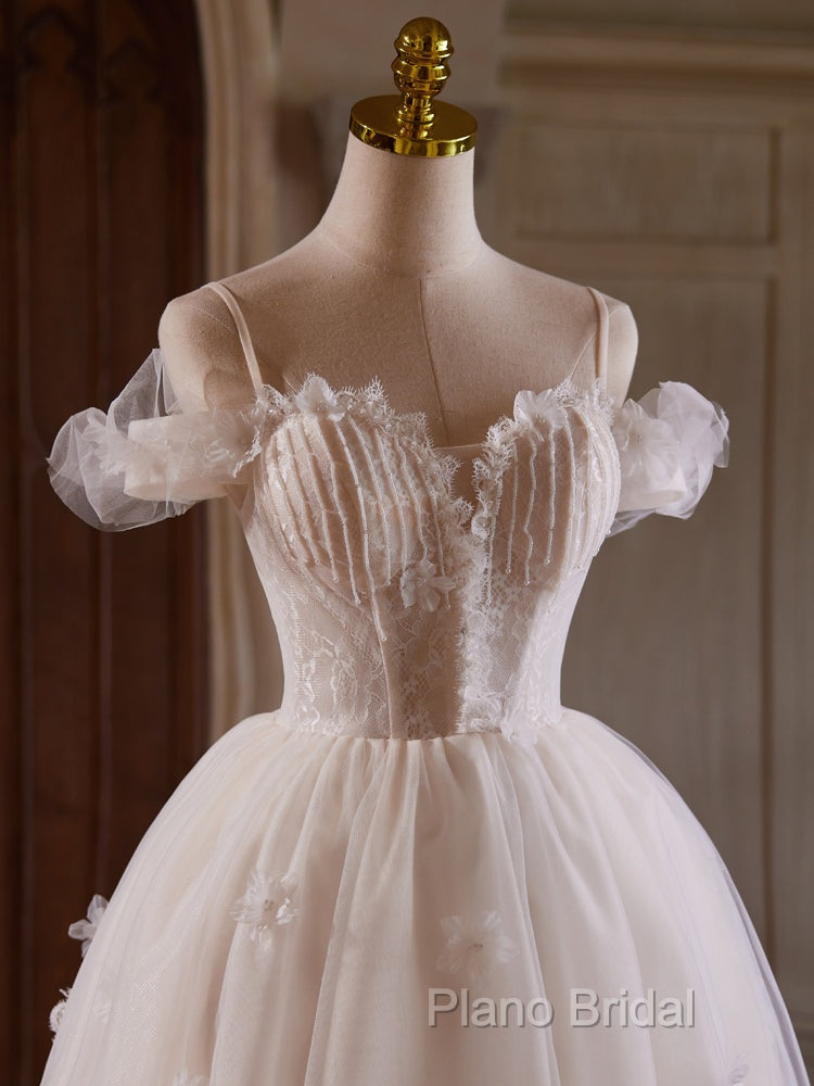 A-Line Off Shoulder Tulle Lace Light Champagne Short Formal Prom Dresses