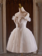 A-Line Off Shoulder Tulle Lace Light Champagne Short Formal Prom Dresses