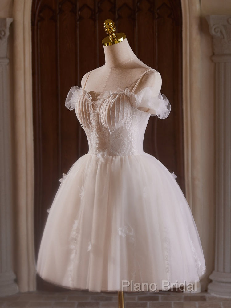 A-Line Off Shoulder Tulle Lace Light Champagne Short Formal Prom Dresses