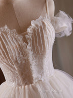 A-Line Off Shoulder Tulle Lace Light Champagne Short Formal Prom Dresses