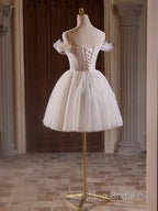 A-Line Off Shoulder Tulle Lace Light Champagne Short Formal Prom Dresses