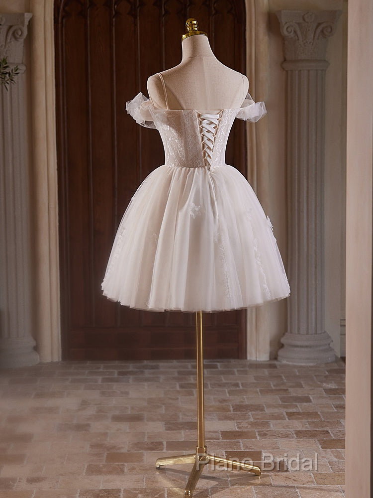 A-Line Off Shoulder Tulle Lace Light Champagne Short Formal Prom Dresses