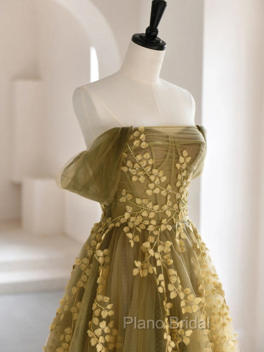 A-Line Off Shoulder Tulle Lace Long Formal Prom Dresses, Green Tulle Formal Evening Dresses