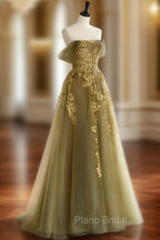 A-Line Off Shoulder Tulle Lace Long Formal Prom Dresses, Green Tulle Formal Evening Dresses