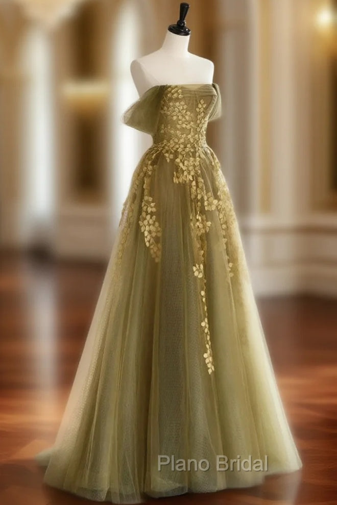 A-Line Off Shoulder Tulle Lace Long Formal Prom Dresses, Green Tulle Formal Evening Dresses Main image