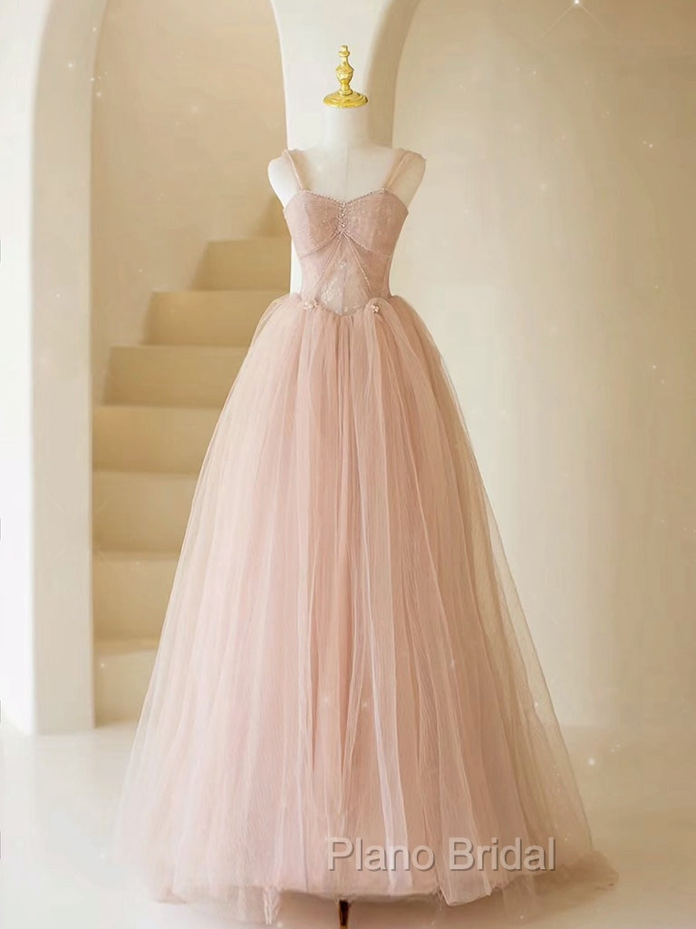 A-Line Off Shoulder Tulle Lace Pink Long Formal Prom Dresses, Pink Long Formal Dresses