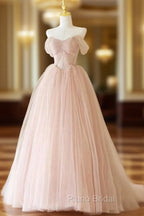 A-Line Off Shoulder Tulle Lace Pink Long Formal Prom Dresses, Pink Long Formal Dresses