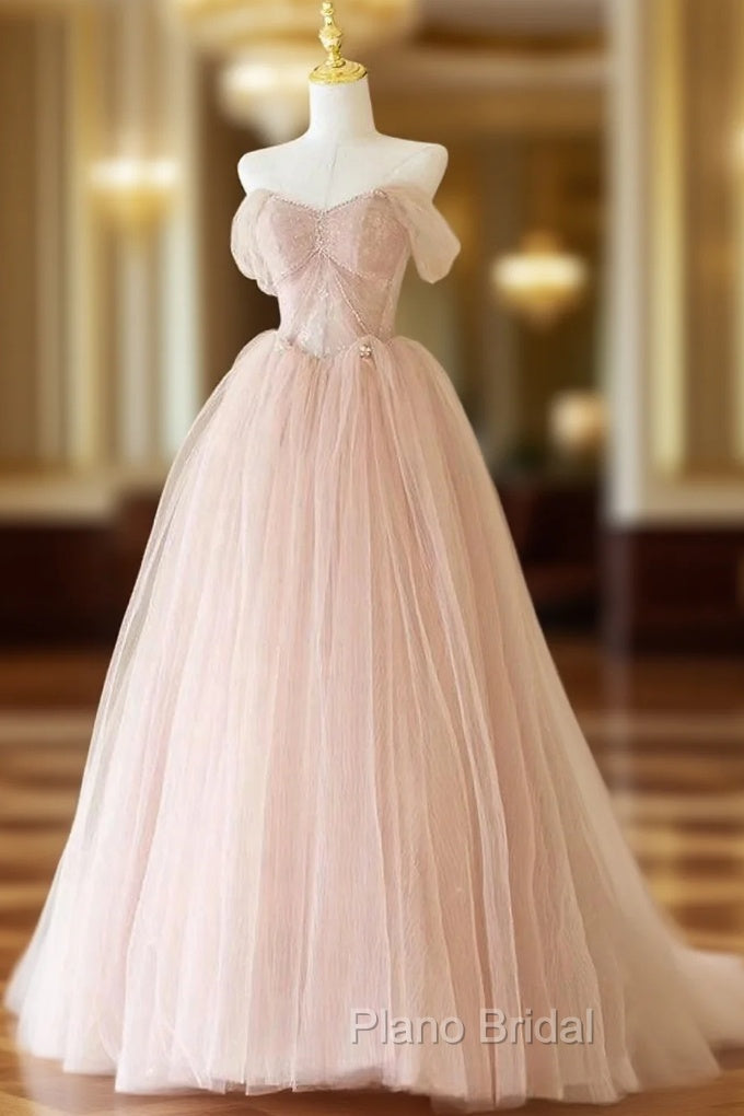 A-Line Off Shoulder Tulle Lace Pink Long Formal Prom Dresses, Pink Long Formal Dresses