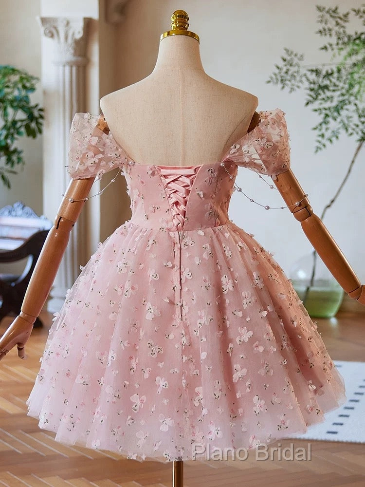 A-Line Off Shoulder Tulle Lace Pink Short Formal Prom Dresses, Pink Homecoming Dresses Secondary image