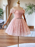 A-Line Off Shoulder Tulle Lace Pink Short Formal Prom Dresses, Pink Homecoming Dresses