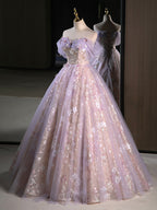 A-Line Off Shoulder Tulle Lace Purple Long Formal Prom Dresses, Purple Formal Dresses