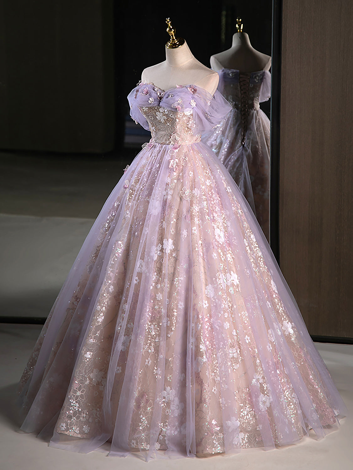 A-Line Off Shoulder Tulle Lace Purple Long Formal Prom Dresses, Purple Formal Dresses